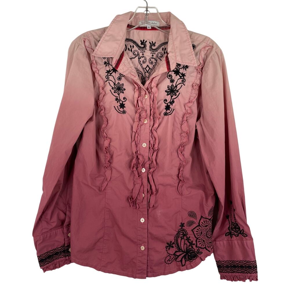 3J Workshop Johnny Was Pink Ombre Button Down Blouse Floral Embroidered Large